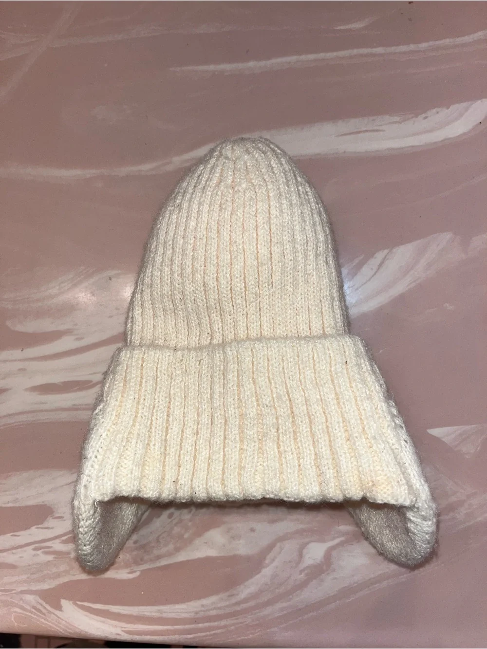 Cream Knit Winter Hat with Brown Star Ear Patches